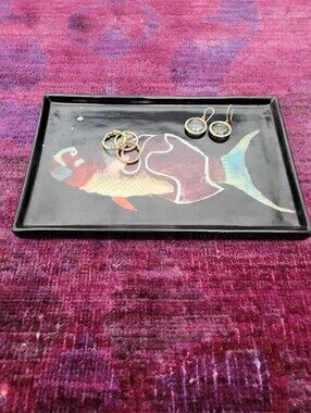 Fabienne Jouvin Paris Tray "Rainbow Fish" By Tozai Home Black Porcelain Designer